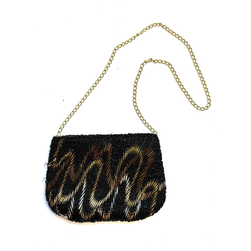 Vintage La Regale Beaded Evening Bag Black Gold Silver Gold Chain Strap Formal